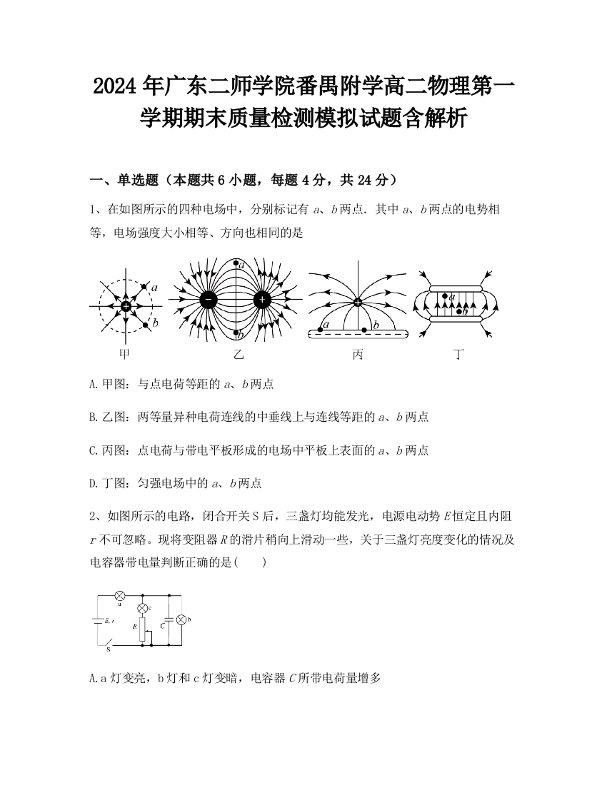 2024年广东二师学院番禺附学高二物理第一学期期末质量检测模拟试题含解析