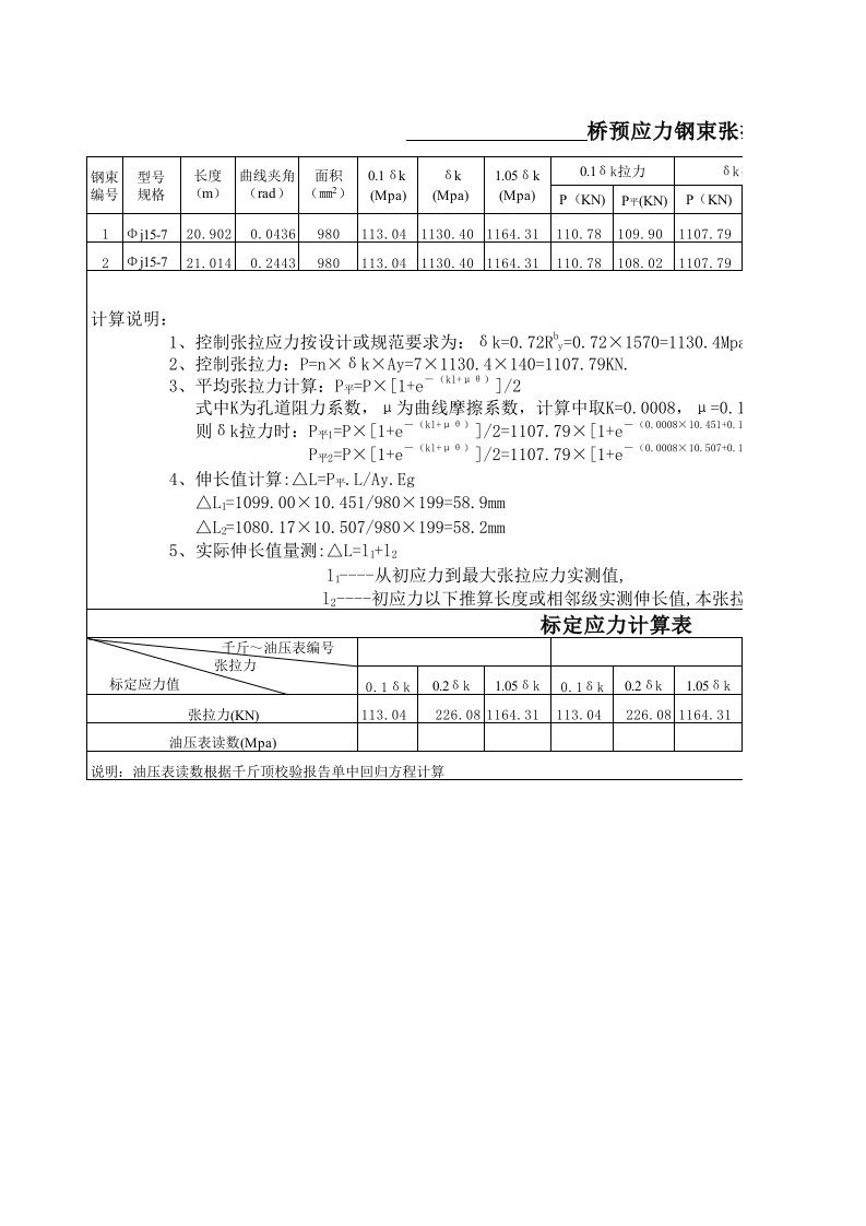 预应力钢束张拉计算表