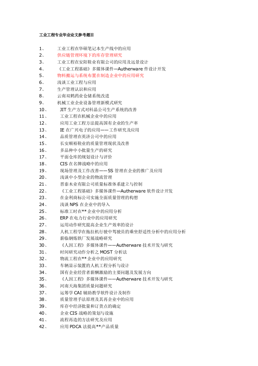 工业工程专业毕业论文参考题目[1]