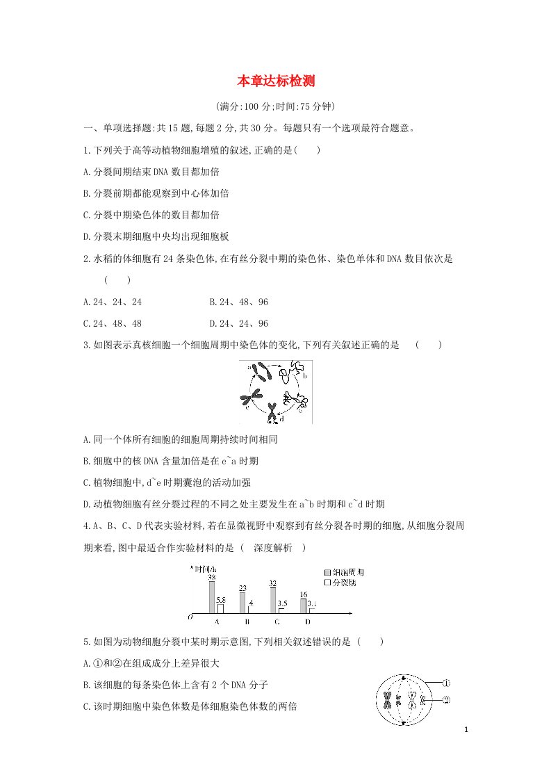 2022年新教材高中生物第四章细胞增殖分化衰老和死亡本章达标检测含解析苏教版必修1