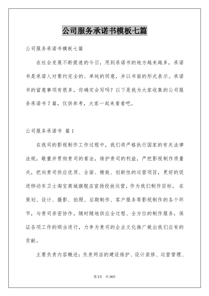 公司服务承诺书模板七篇