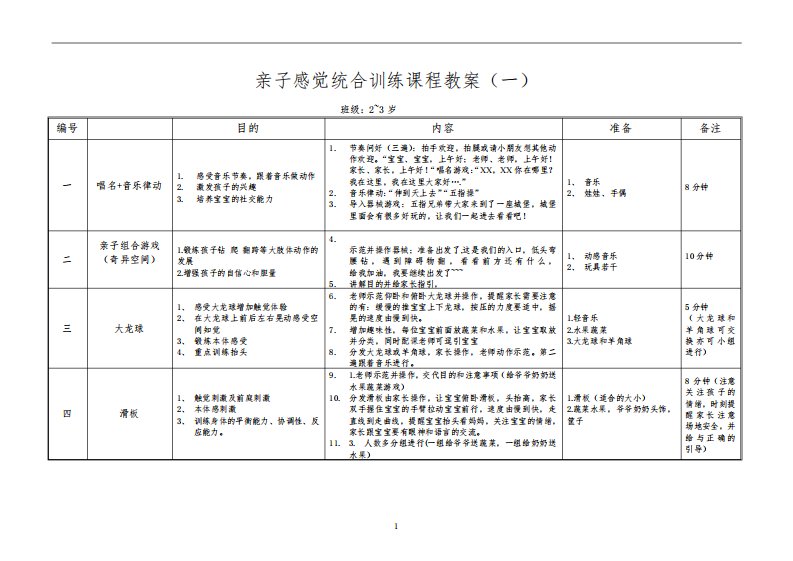 亲子感统教案课程表