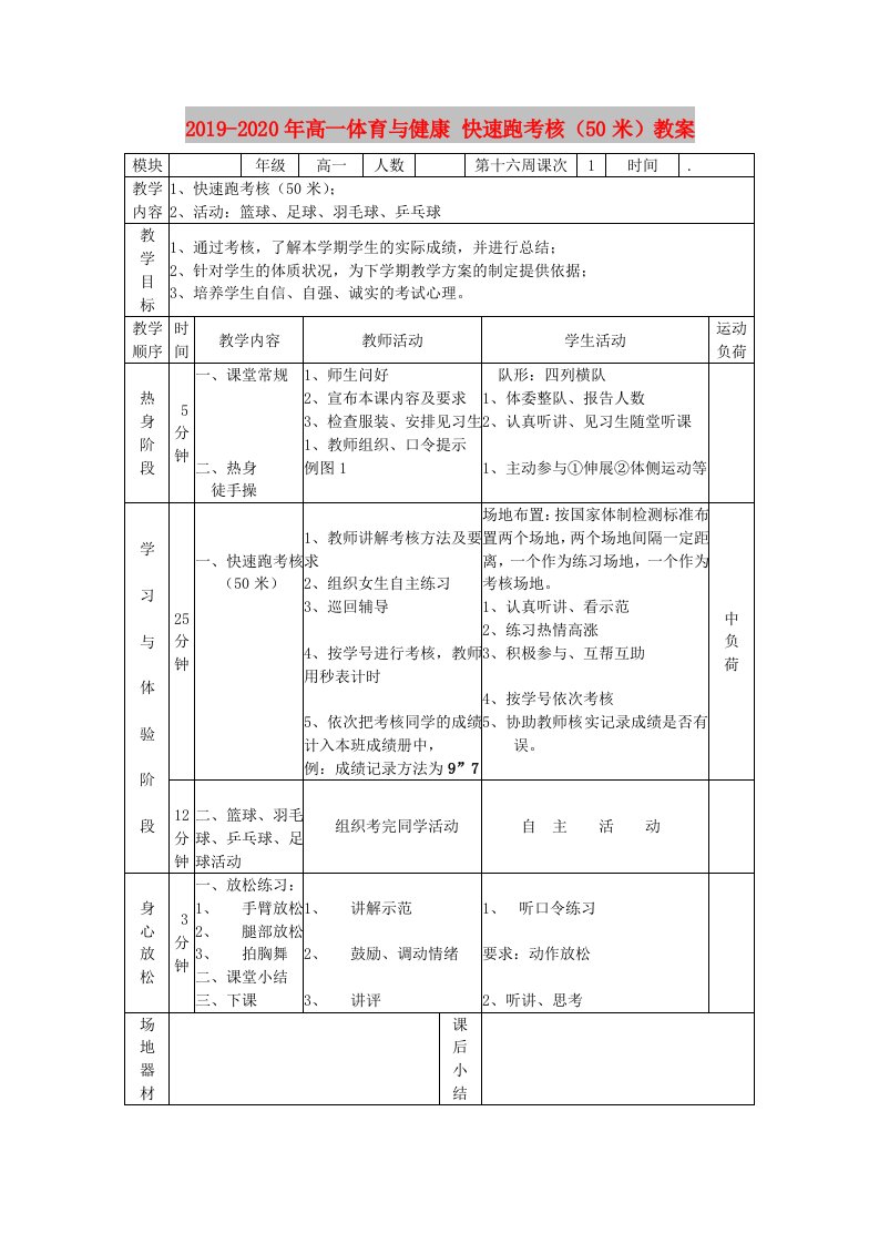 2019-2020年高一体育与健康