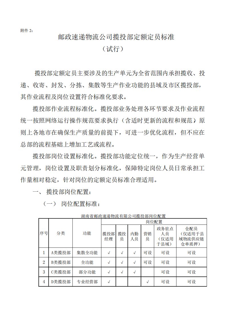 邮政速递公司揽投部标准