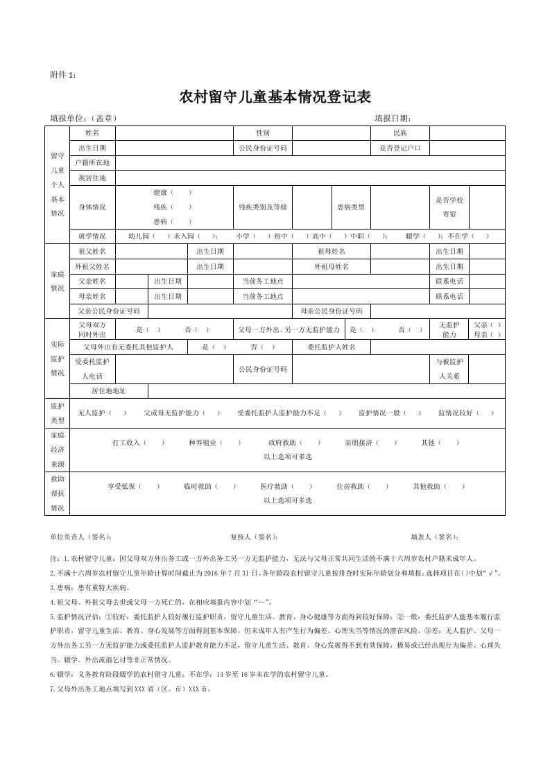 农村留守儿童基本情况登记表