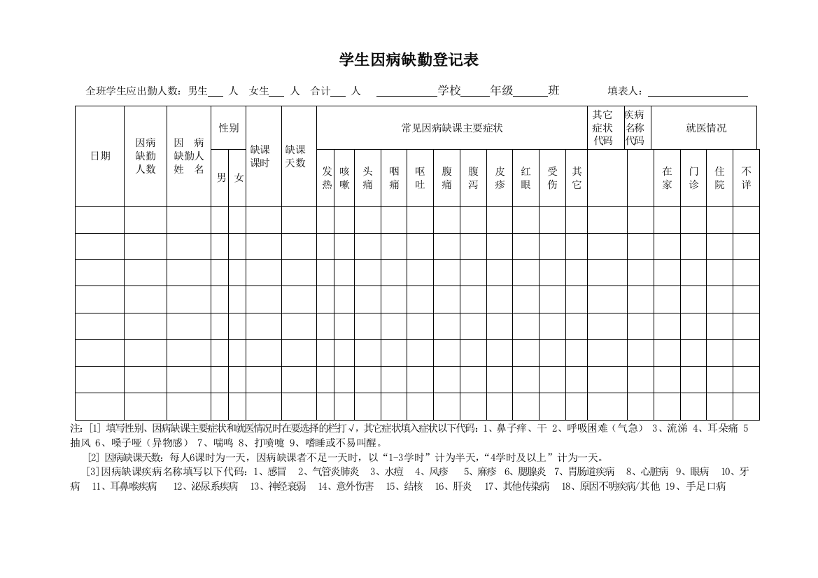 学生因病缺勤登记表