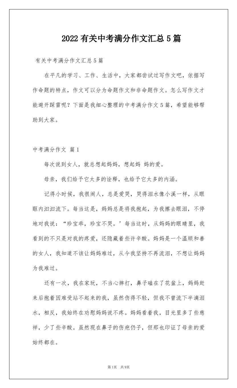 2022有关中考满分作文汇总5篇