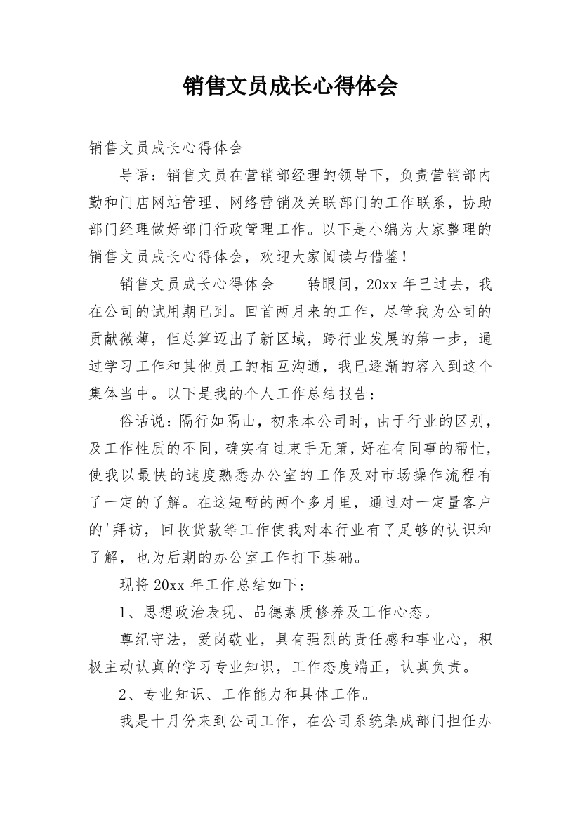 销售文员成长心得体会