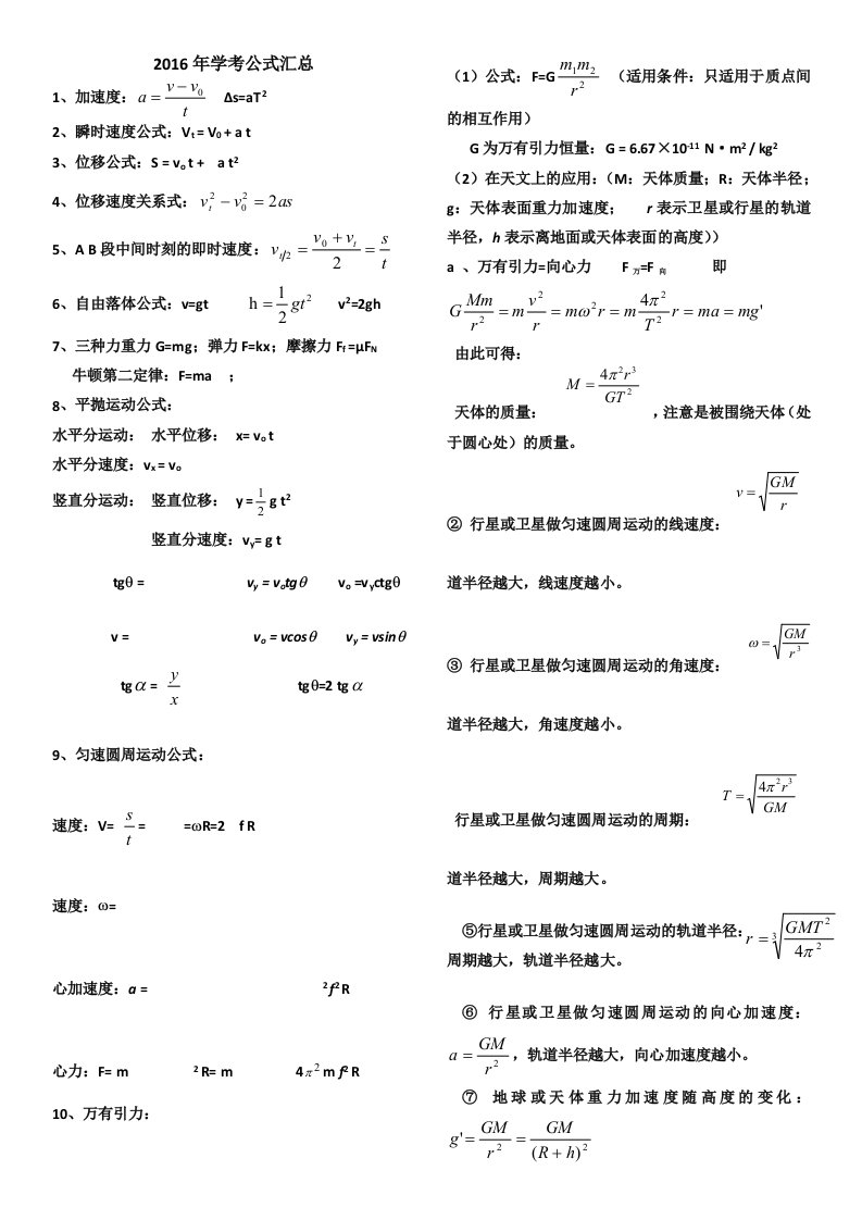 高中物理学业水平测试公式总结