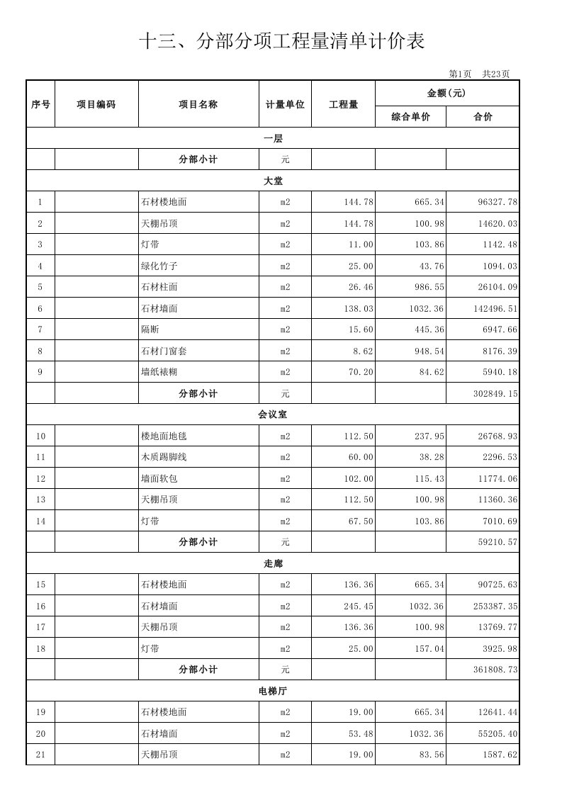 工程量清单计价表