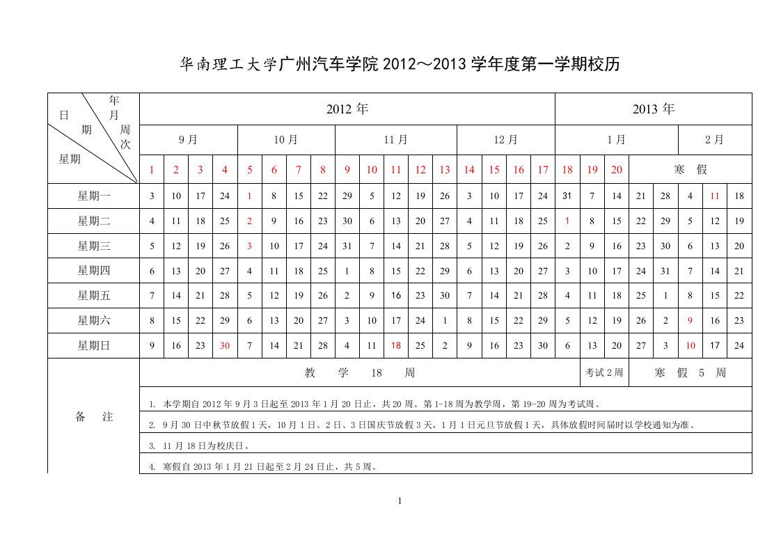 华南理工大学广州汽车学院2012~2013学年度第一学期校历