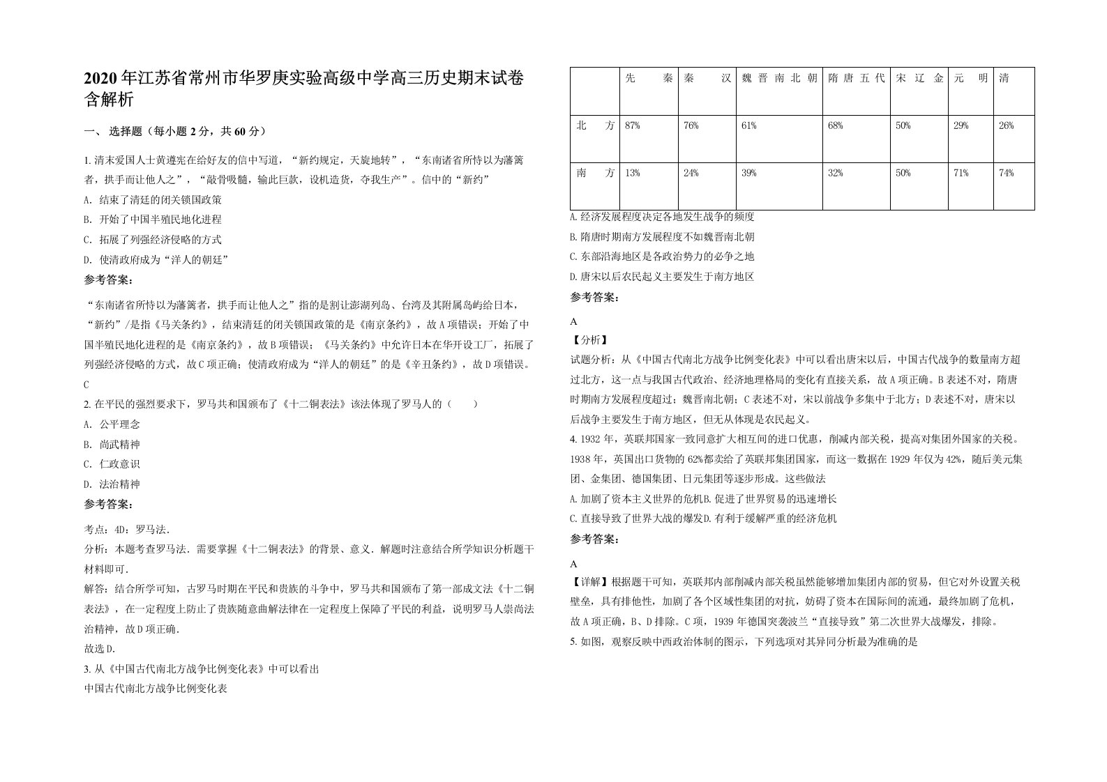 2020年江苏省常州市华罗庚实验高级中学高三历史期末试卷含解析