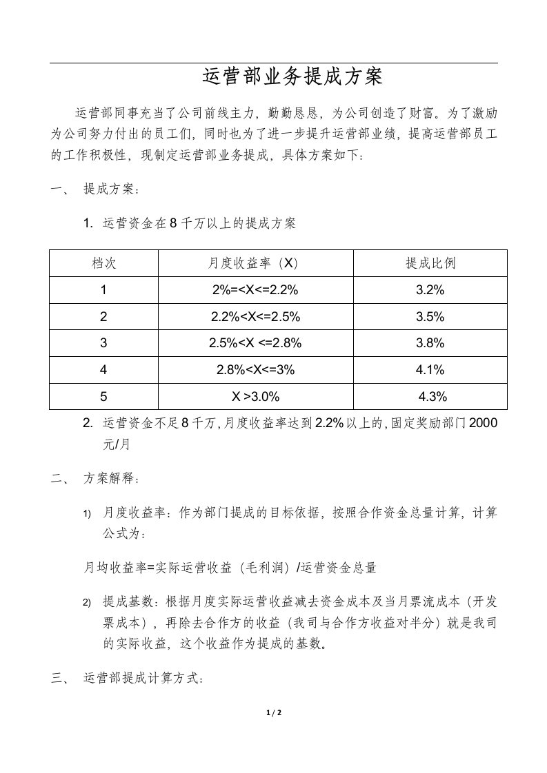 运营部提成方案模板