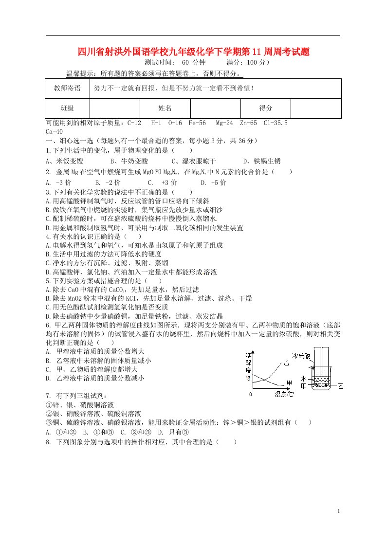 四川省射洪外国语学校九级化学下学期第11周周考试题