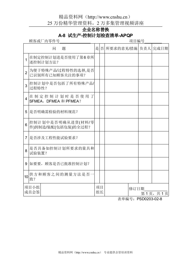 3.11-2A-8试生产-控制计划检查清单