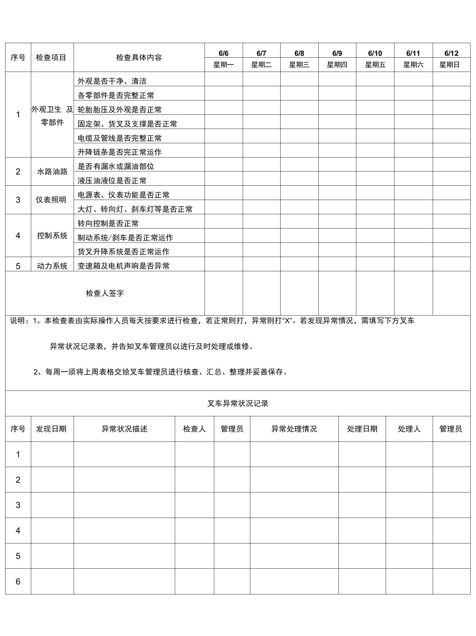 叉车日常检查及保养记录表