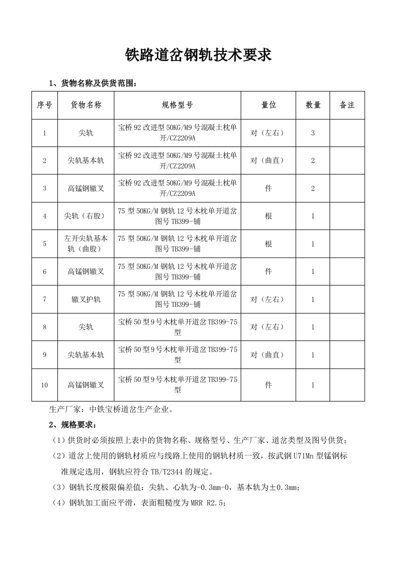 铁路道岔钢轨技术要求