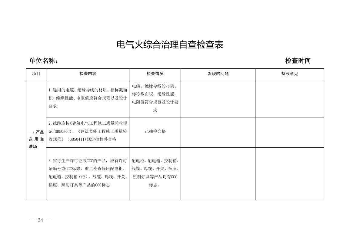 电气火灾综合治理自查检查表