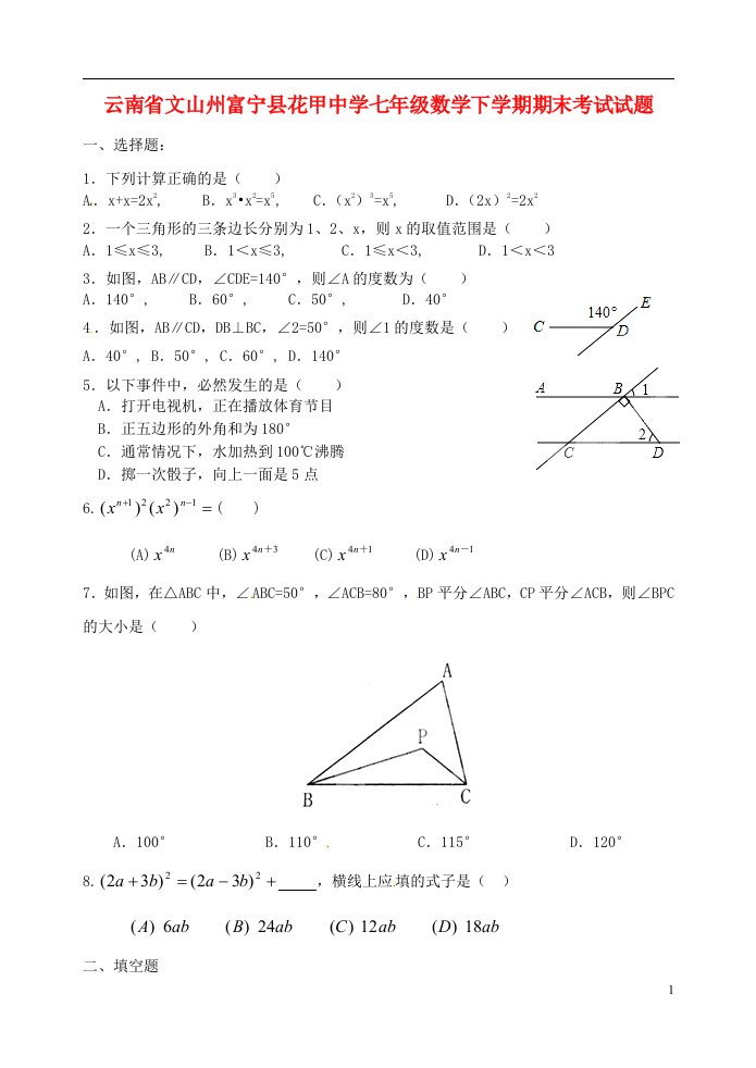 云南省文山州富宁县花甲中学七级数学下学期期末考试试题