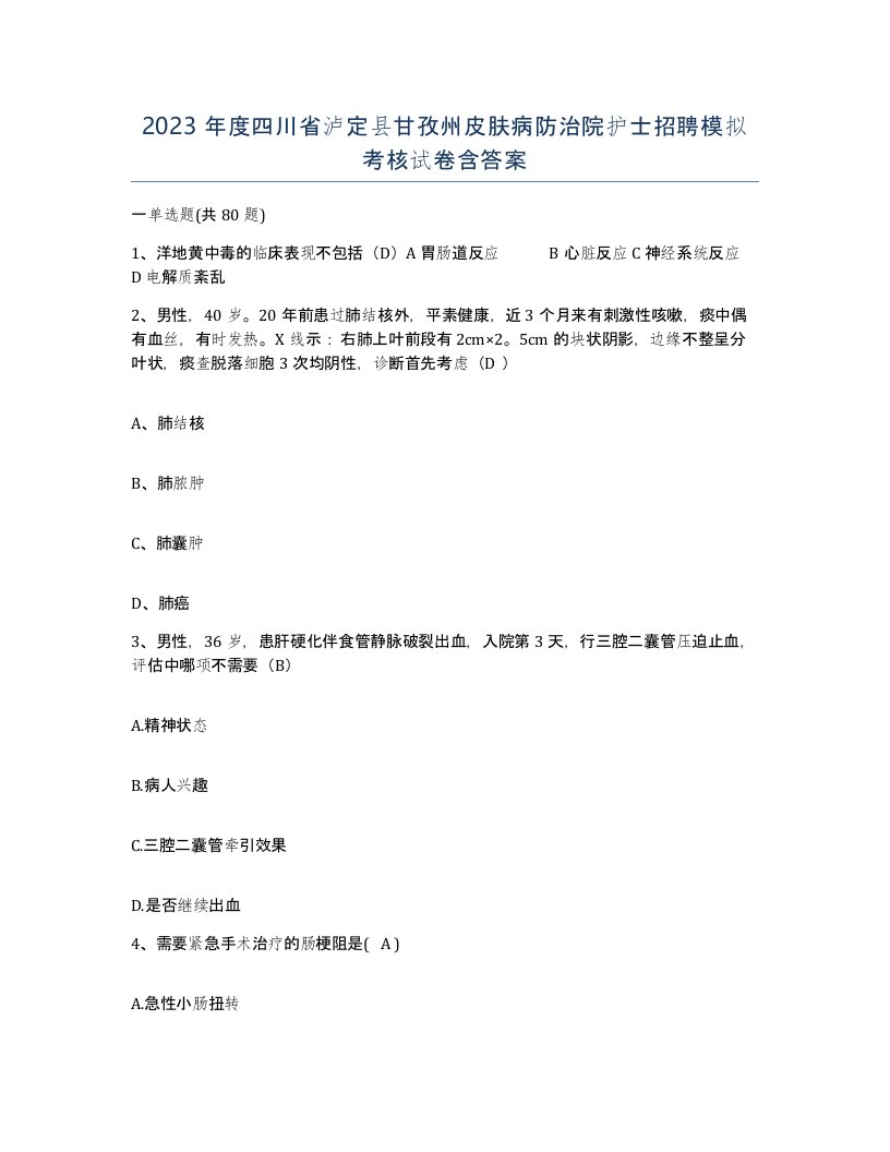 2023年度四川省泸定县甘孜州皮肤病防治院护士招聘模拟考核试卷含答案