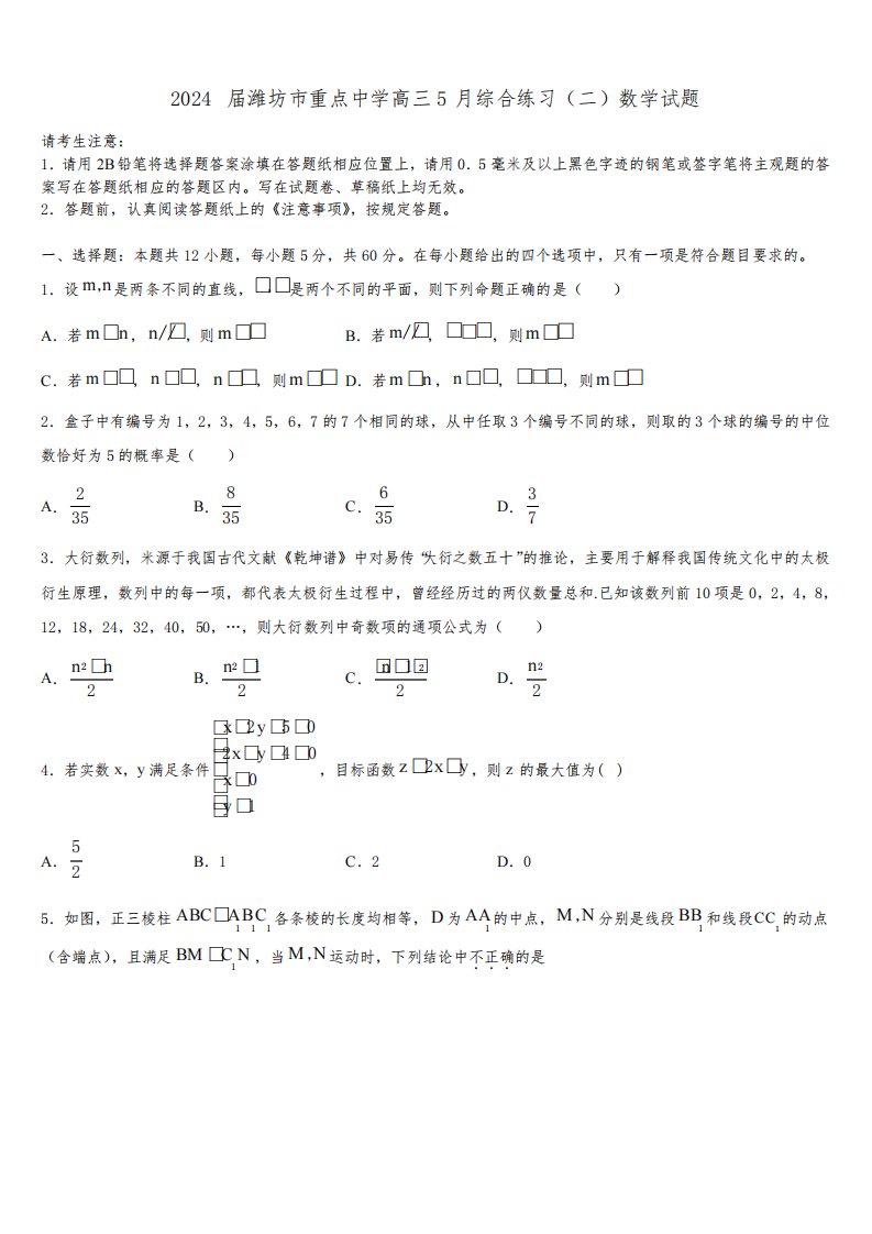 2024届潍坊市重点中学高三5月综合练习(二)数学试题