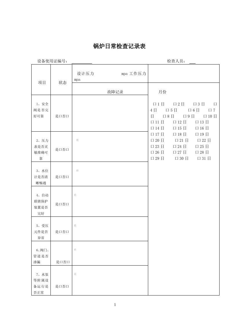 锅炉日常检查记录表