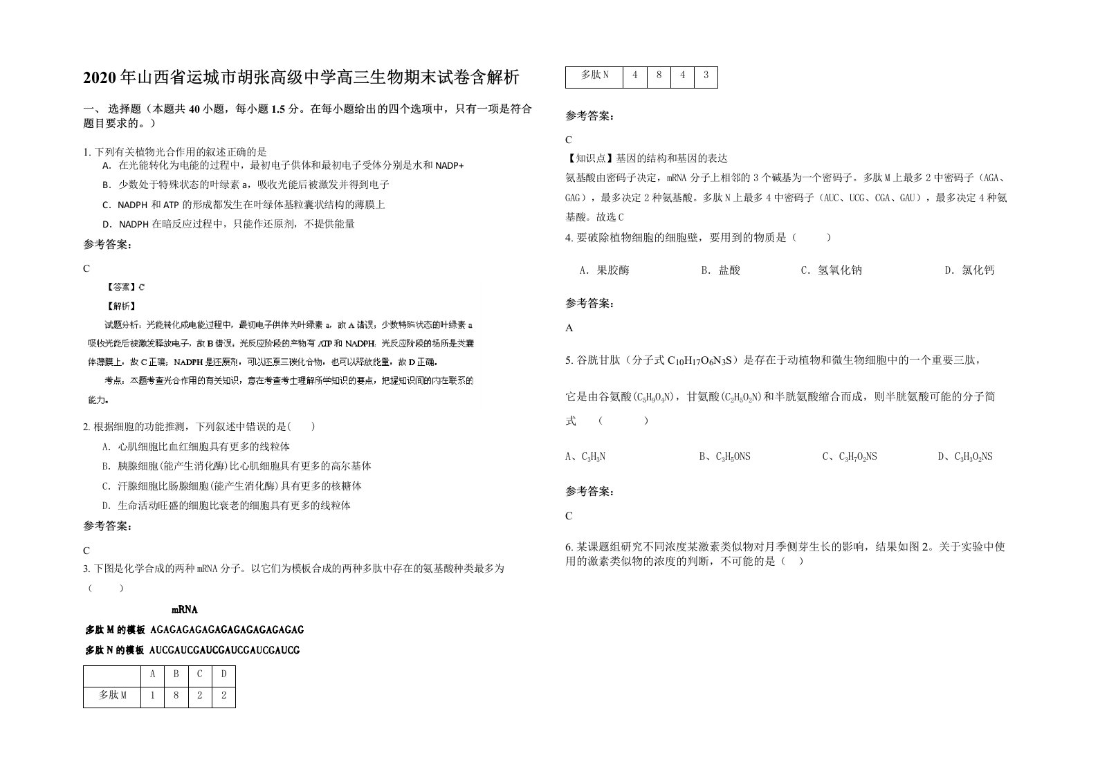 2020年山西省运城市胡张高级中学高三生物期末试卷含解析