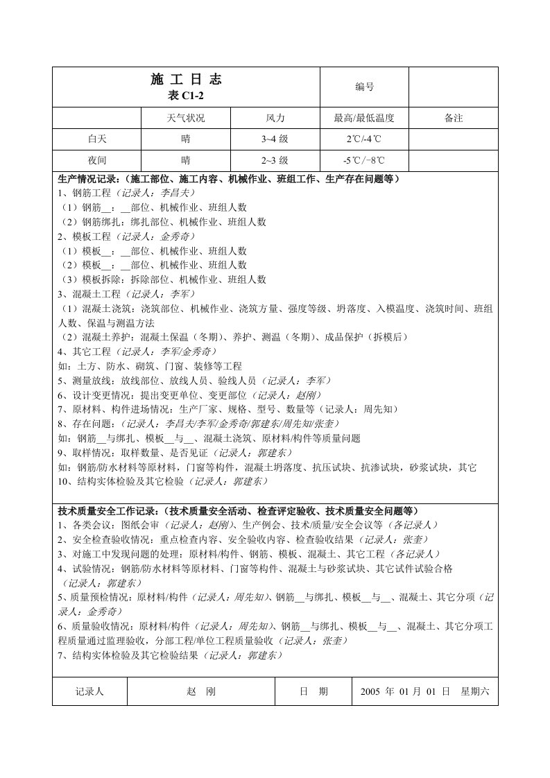 施工日志填写范例