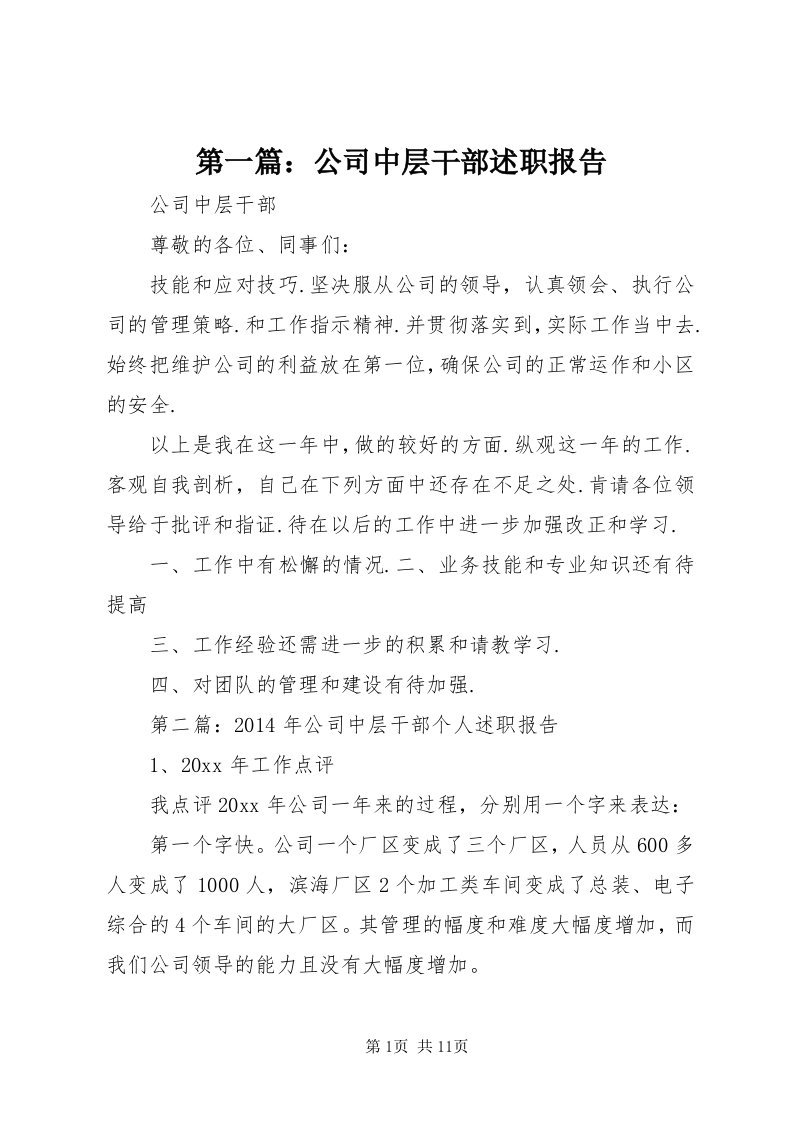 第一篇：公司中层干部述职报告