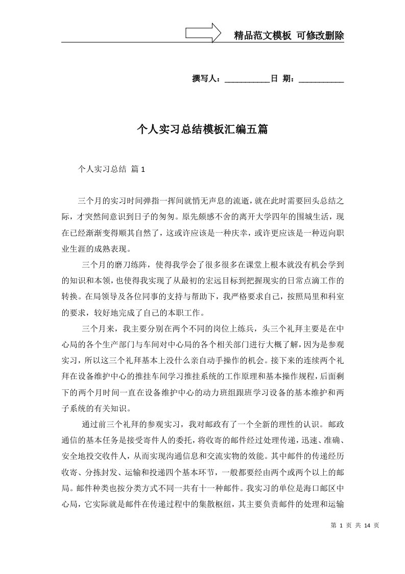 个人实习总结模板汇编五篇