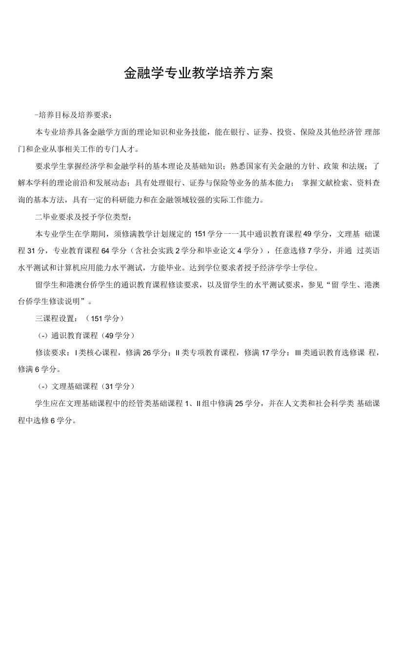 金融学专业教学培养方案（本科）