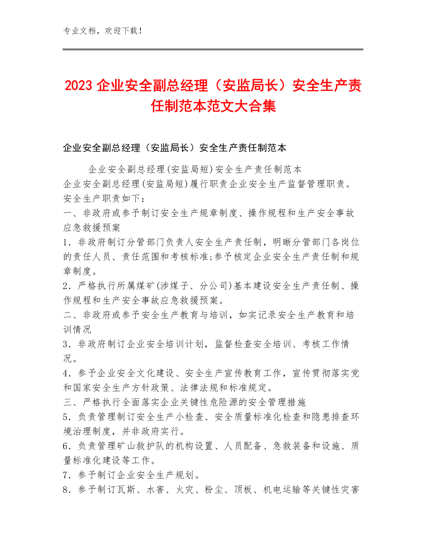 2023企业安全副总经理（安监局长）安全生产责任制范本范文大合集