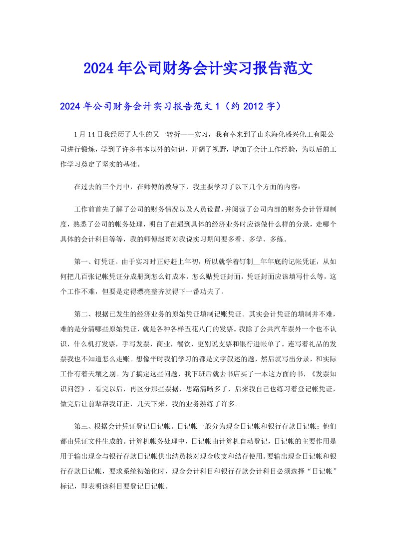 2024年公司财务会计实习报告范文