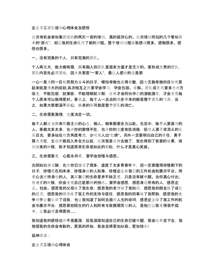 企业员工团队培训心得体会及感悟