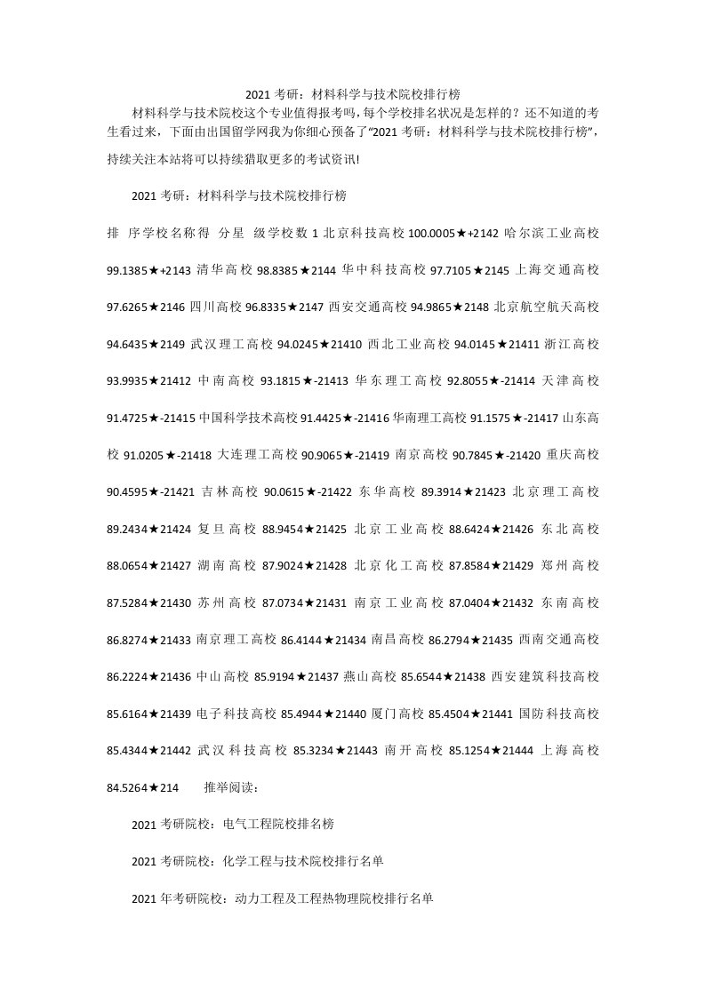 2021考研：材料科学与技术院校排行榜