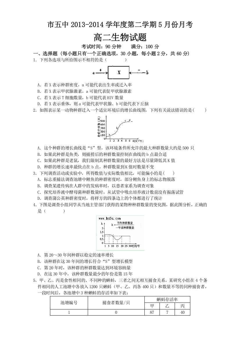 《首发》安徽省铜陵市第五中学2013-2014学年高二下学期5月月考