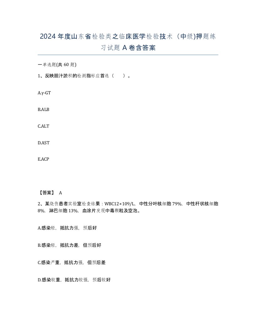 2024年度山东省检验类之临床医学检验技术中级押题练习试题A卷含答案