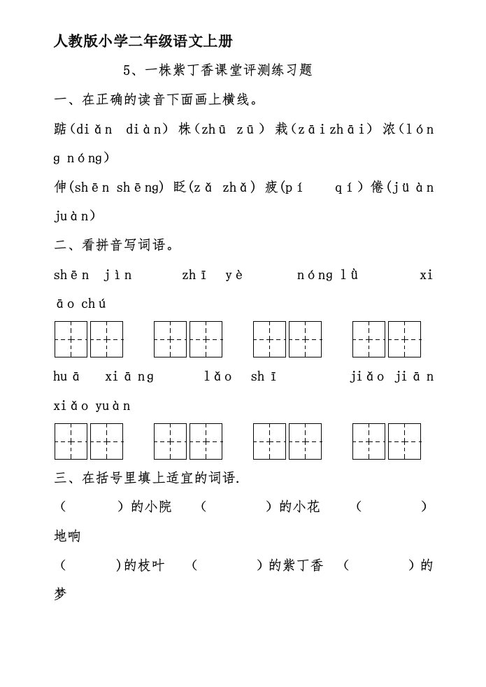 人教版小学二年级语文上册第6课一株紫丁香练习题