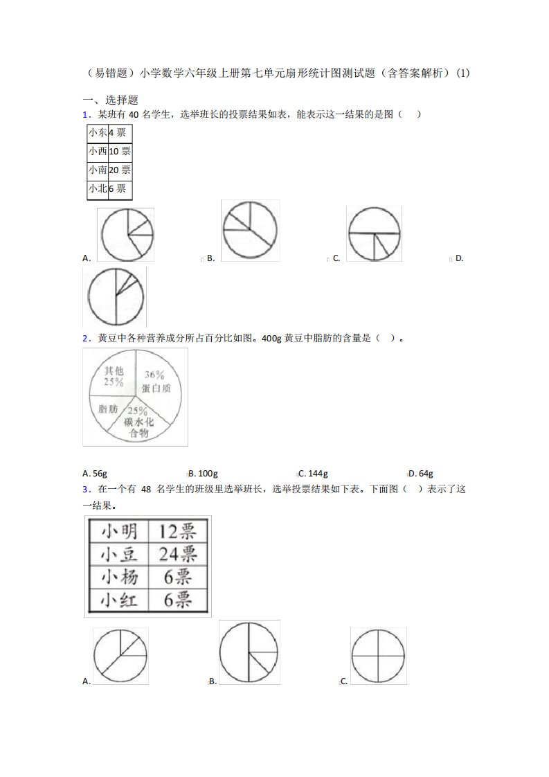 (易错题)小学数学六年级上册第七单元扇形统计图测试题(含答案解析)(1精品