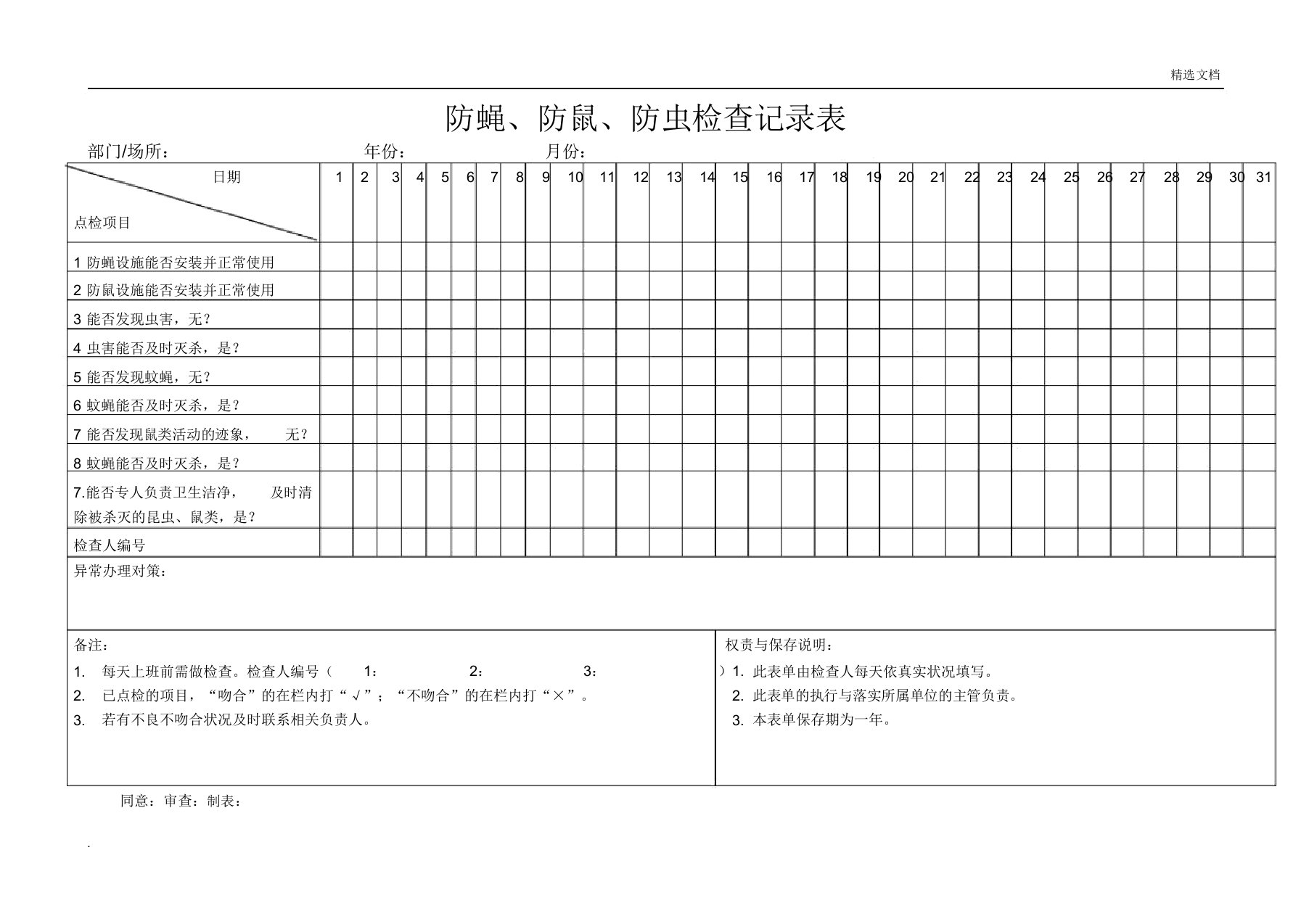 防蝇防鼠防虫检查记录表