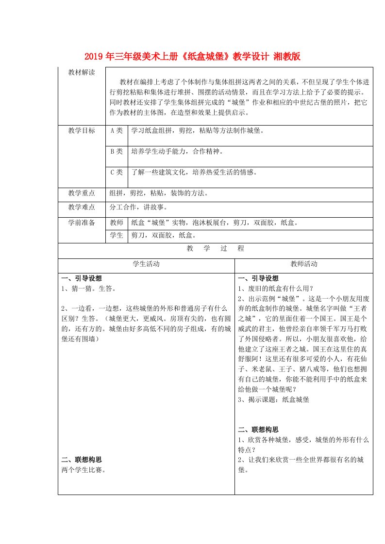 2019年三年级美术上册《纸盒城堡》教学设计