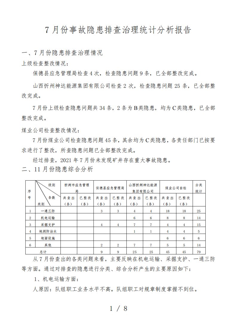 煤矿事故隐患排查治理统计分析报告