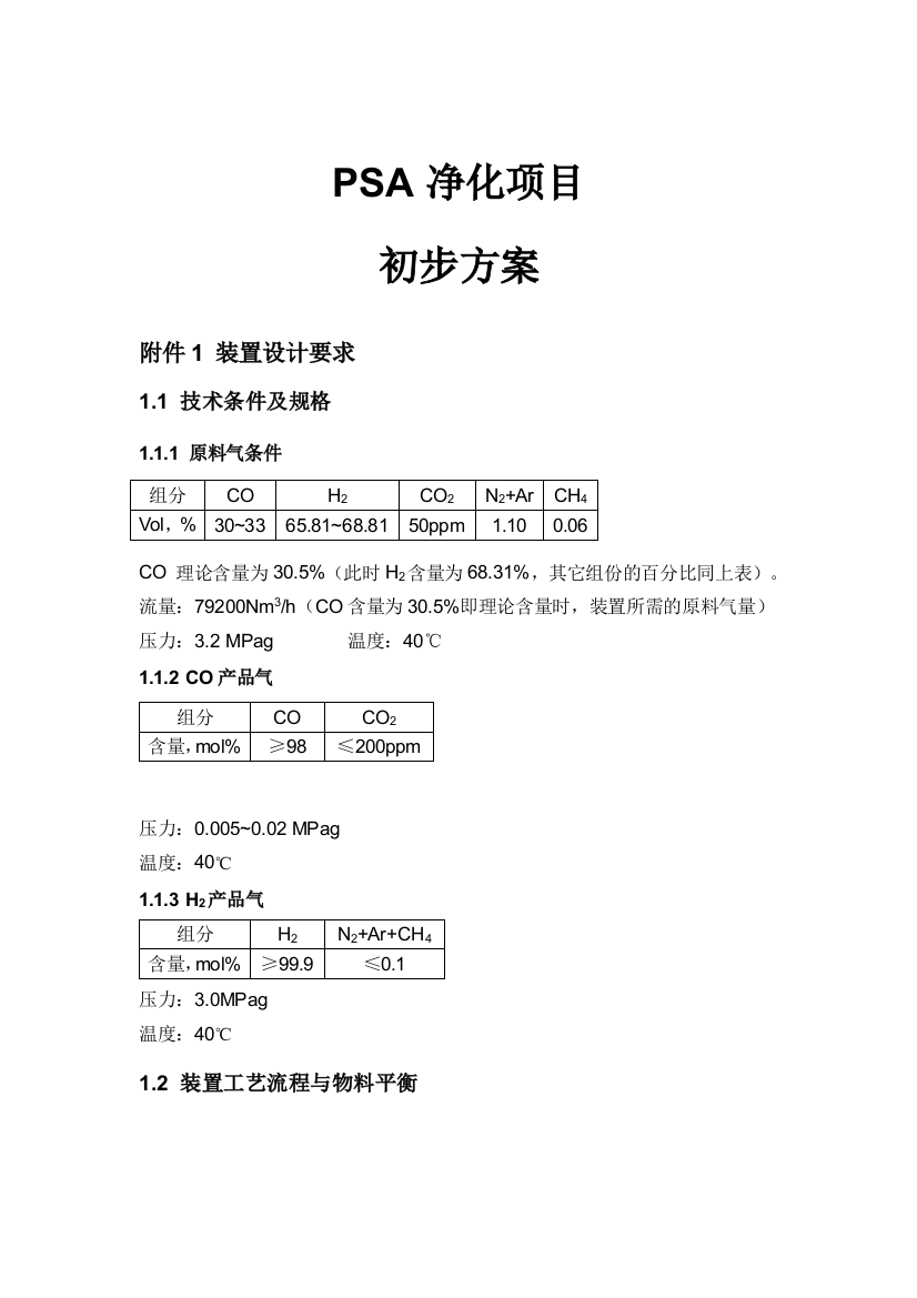 COH分离变压吸附工艺方案