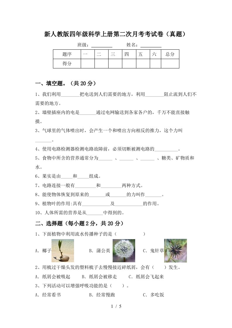 新人教版四年级科学上册第二次月考考试卷真题