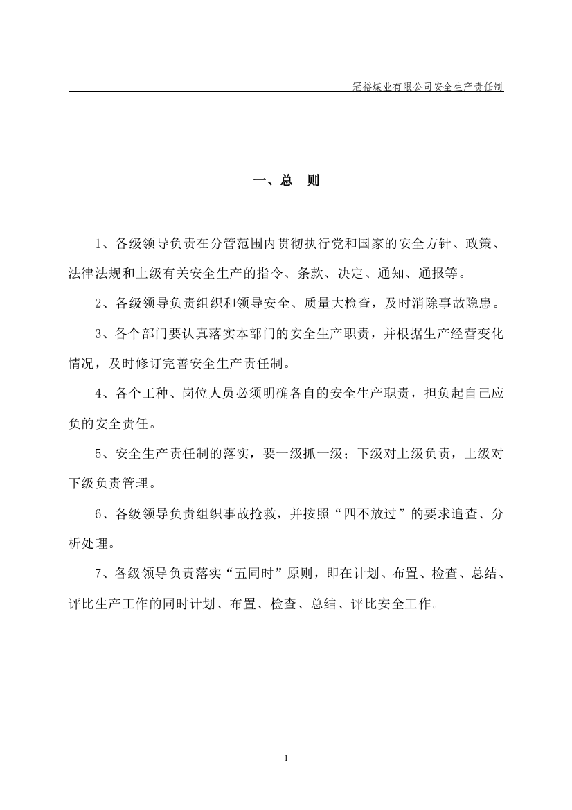 冠裕煤业有限公司安全生产责任制制度汇编---制度汇编