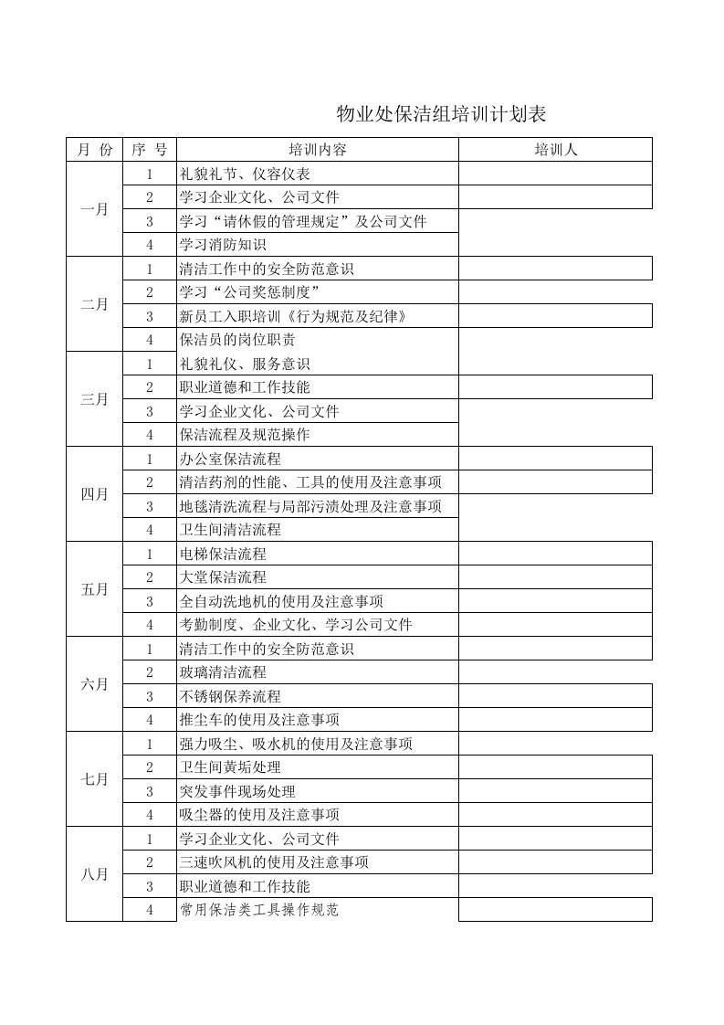 保洁员年度培训计划