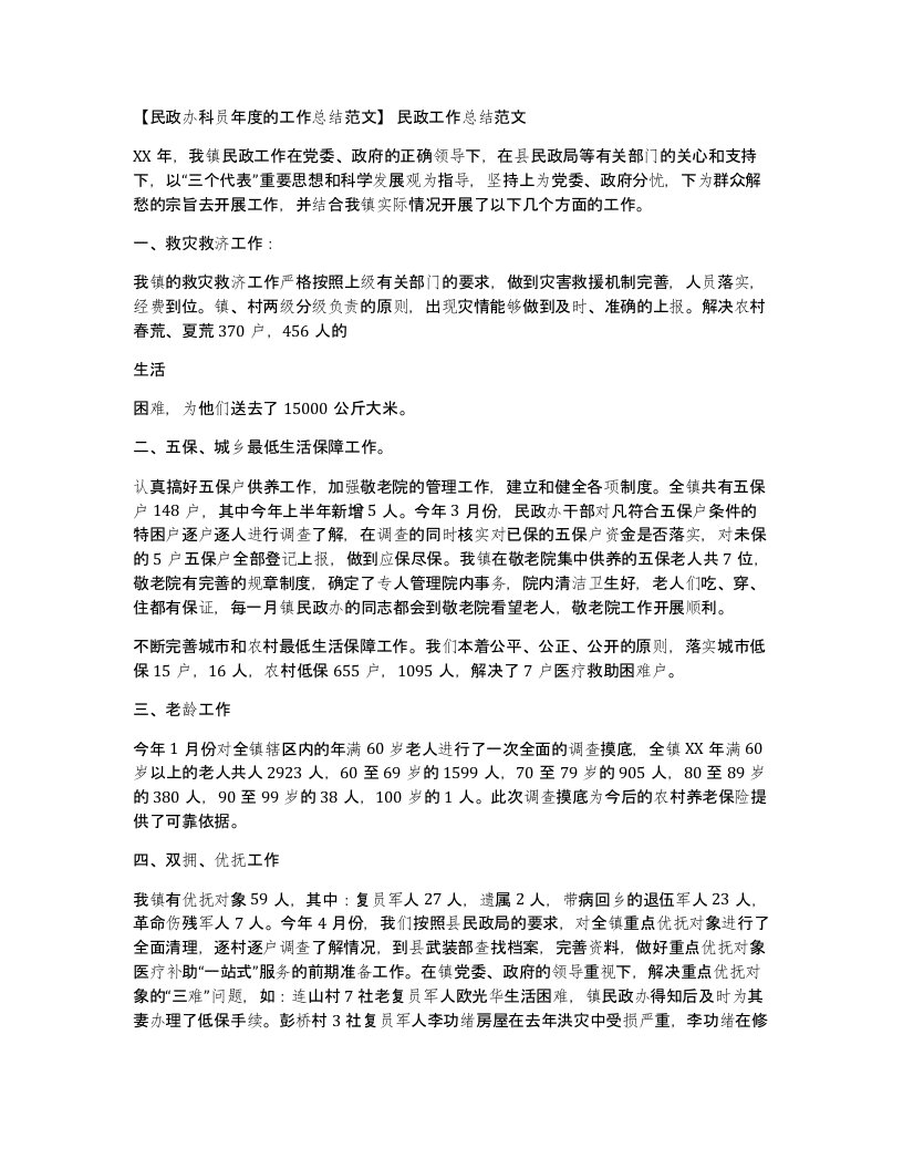 民政办科员年度的工作总结范文民政工作总结范文