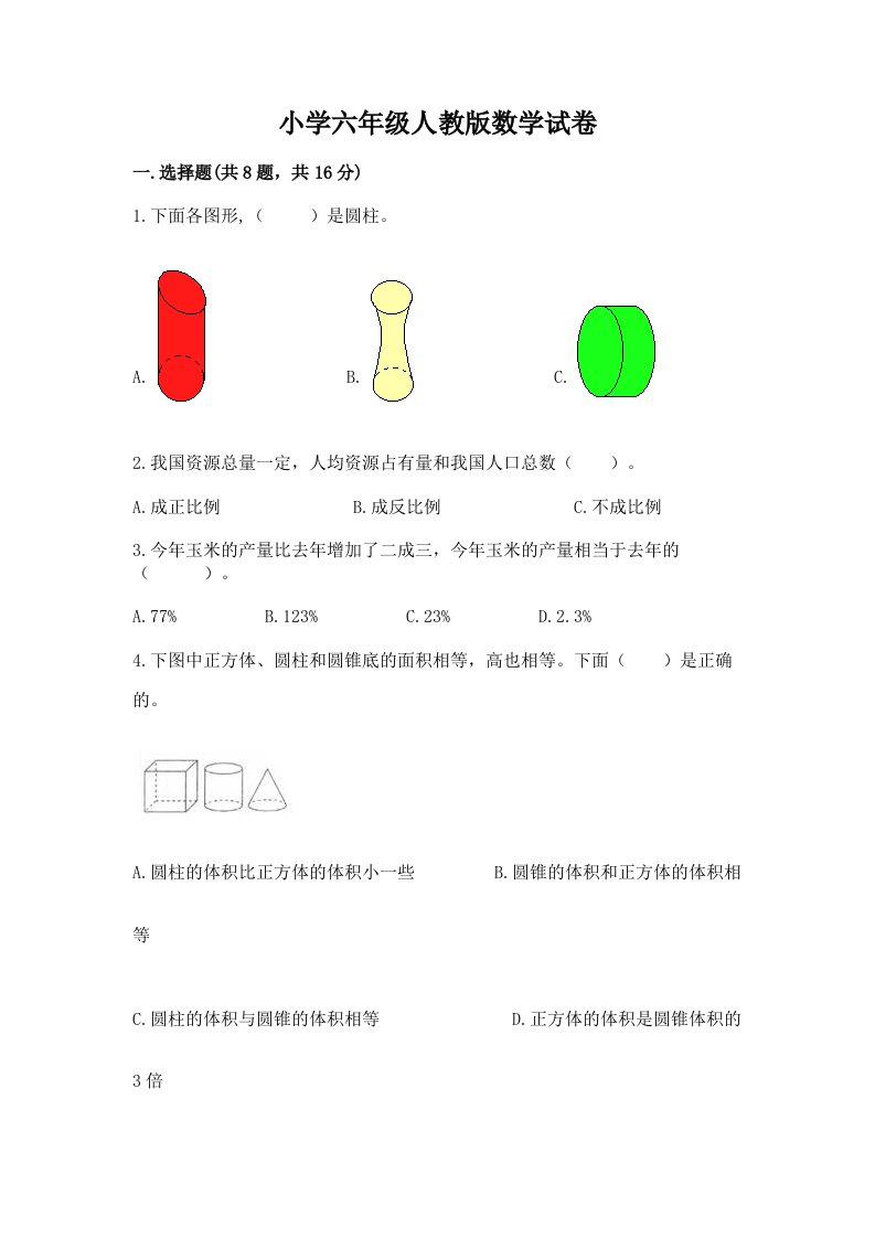 小学六年级人教版数学试卷（易错题）word版