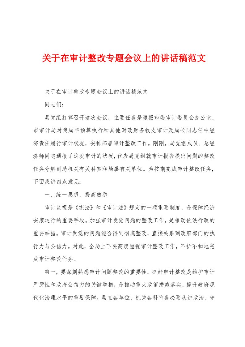 关于在审计整改专题会议上的讲话稿范文