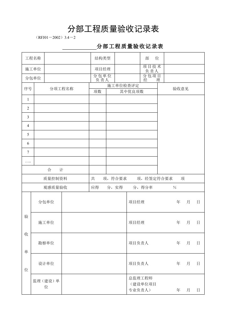 人防分部分项验收记录表